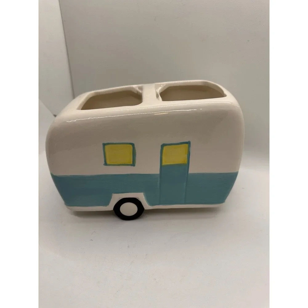 Retro Camper Ceramic Toothbrush Holder RV Bathroom Décor Turquoise Yellow‎